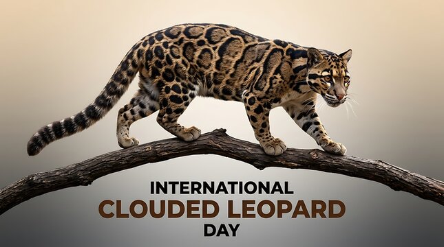 Majestic clouded leopard walking carefully along a tree branch in natural habitat scene