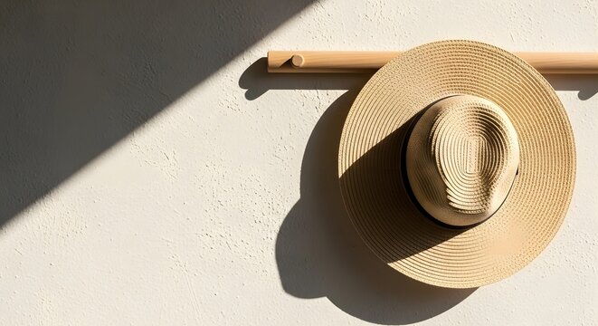 Sunlit Fedora Hat Hanging on a Wooden Rack Against a White Wall.