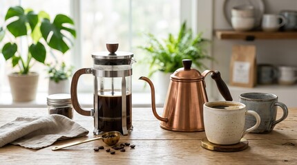 Fototapeta premium Cozy Morning Coffee Setup with French Press