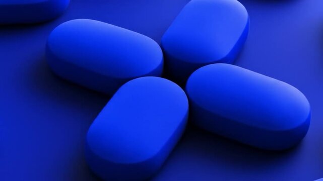 Close up of blue pills arranged in a cross shape on a blue surface