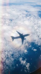 Naklejka premium Airplane shadow casting over textured clouds travel background for vertical wallpaper and poster with dreamy rainbow light and aerial vacation mood from cabin window