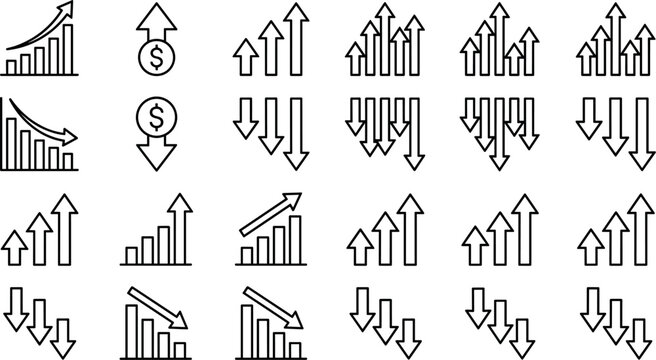 Financial Growth and Market Trend Line Icon Set Featuring Upward and Downward Arrows Business Charts Profit Rise and Economic Loss Vector Symbols