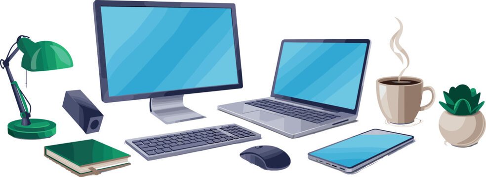 Modern workspace vector element set featuring desktop monitor computer laptop tablet smartphone keyboard mouse desk lamp notebook and hot coffee mug illustration