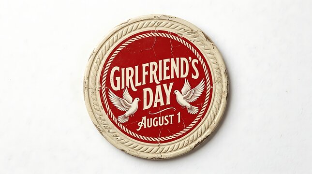 Vintage circular emblem celebrating girlfriends day with two doves and august date details