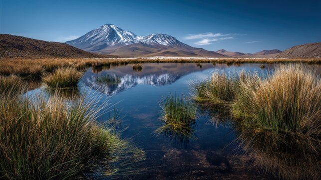 Andean altiplano lagoon reflecting high volcano with ichu grass in foreground