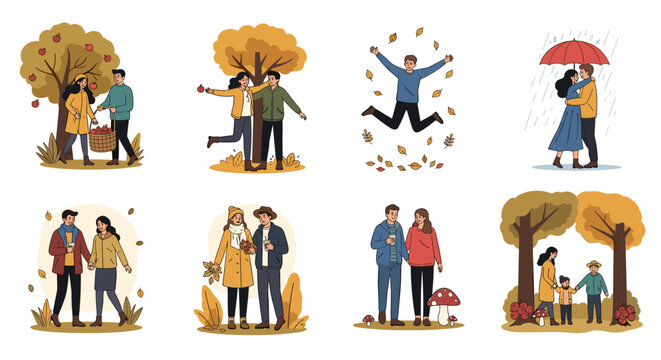 Collage of diverse autumn scenes show couples, families, and individuals enjoying seasonal activities in the park.