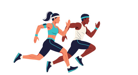 Fototapeta premium Man and woman in athletic wear running together on a white background representing fitness, training, and a healthy active lifestyle.