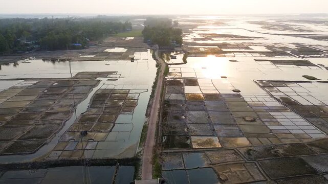 Aerial view of salt pans and a narrow dirt road reflecting the golden sunlight during sunset in Cox's Bazar, Chittagong Division, Bangladesh.