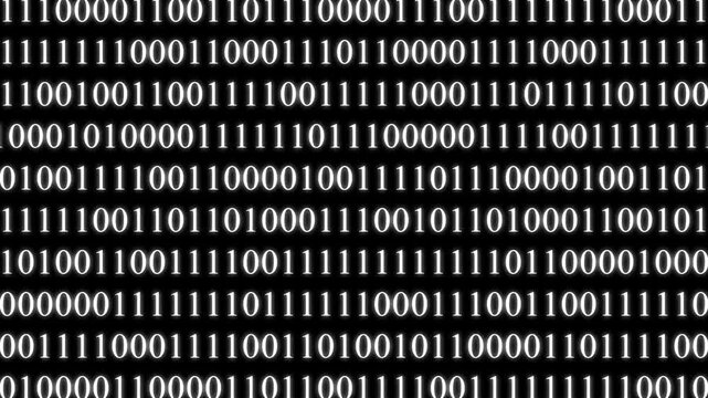 Binary Code on Black Digital Background. Rows of ones and zeros in a binary pattern create a digital data backdrop, symbolizing coding and information processing . 4K