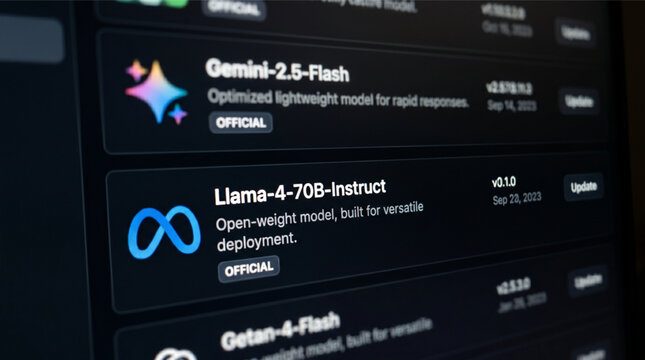 Llama-4-70B-Instruct and Gemini-2.5-Flash AI Models Displayed on Software Interface with Meta Logo. Artificial Intelligence Technology for Generative Language Processing and LLM Development Tools.