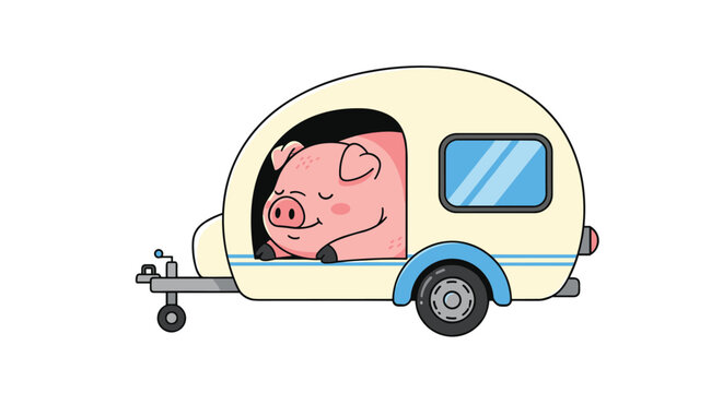 Cute pink pig resting and looking out from the window of a small white and blue teardrop camper trailer isolated on a plain white background.