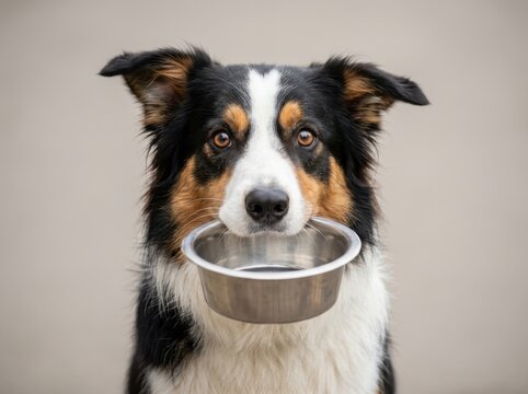Intelligent Border Collie dog holding a metal bowl in its mouth, patiently waiting for food or water