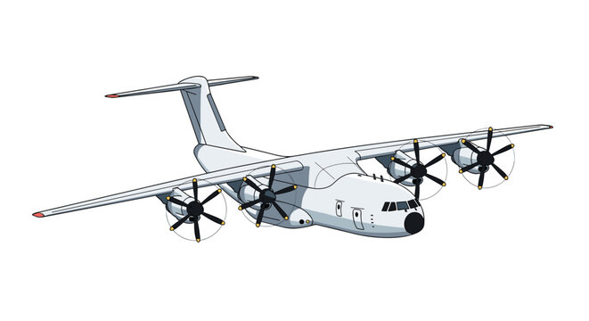 Large white four-engine military transport aircraft flying against a plain background showing details of its propellers and heavy-lift design.
