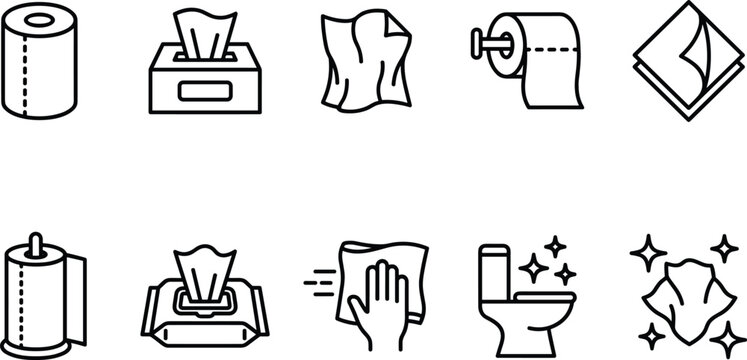 Hygiene icons with toilet paper tissue box wipes and cleaning cloth in flat design style