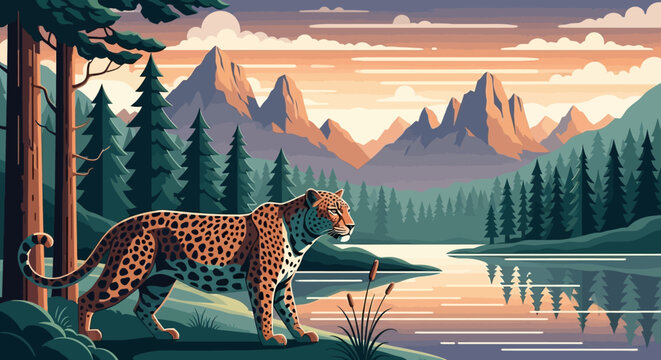 Majestic leopard walking by the tranquil lake at sunset.