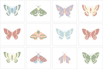 Boho Pastel Butterfly and Moth Vector Icon Set Featuring Whimsical Winged Insects, Cottagecore Aesthetics, and Delicate Folk Art Patterns for Textile Wallpaper Pattern Designs © Remi