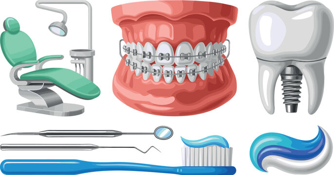 Dental care and orthodontics vector icon set featuring dentist chair jaw model with teeth braces implant screw toothbrush paste and medical examination tools