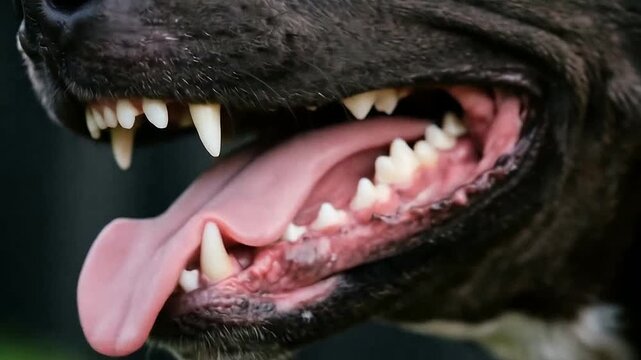 Close-Up of a Black Panter's Mouth Showing Sharp Teeth and Pink Tongue