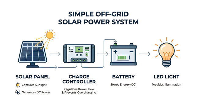 Diagram showing simple off-grid solar power system components and function.