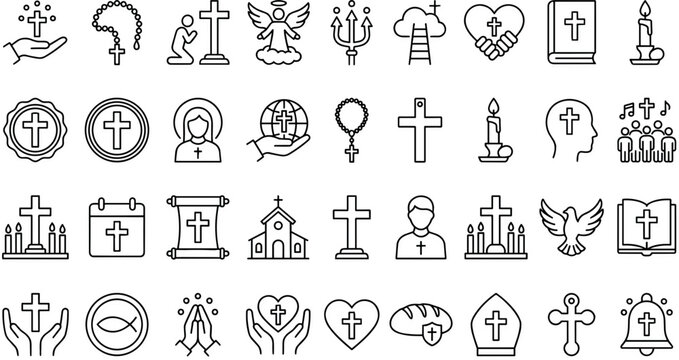 Christian Religion and Church Outline Icon Set with Holy Bible Crosses Praying Hands Angel Dove and Spiritual Worship Symbols for Faith Inspired Graphic Designs