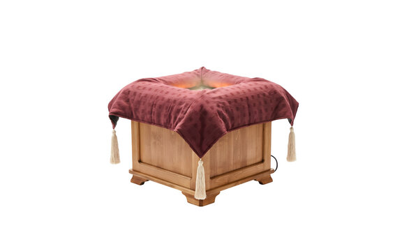 Wooden ottoman with red cushion