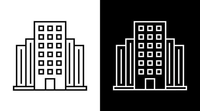 Minimalist black‑and‑white architectural icons of multi‑story buildings with central entrance, symmetrical wings, and inverted color contrast highlighting geometric design.
