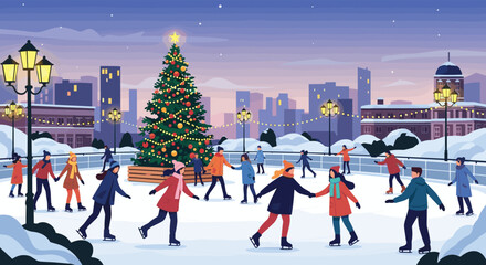 Obraz premium Many people enjoying winter activities by ice skating around a large decorated Christmas tree at a festive city outdoor rink.