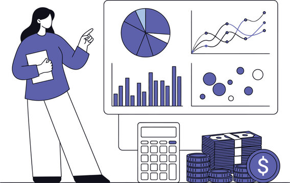 Businesswoman analyzing financial data with charts and money for web banner social media banner business presentation marketing meterial.