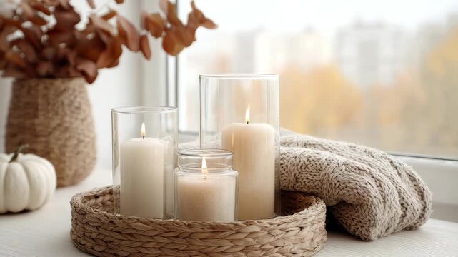 Cozy autumn home decor with candles and knitted blanket on window sill Store Fall Candles Properly cozy autumn atmosphere