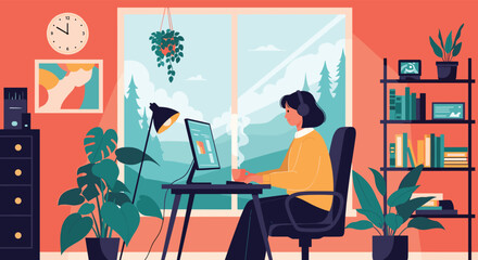 Fototapeta premium Focused woman working on a computer at her home office desk surrounded by green houseplants and a scenic window view.