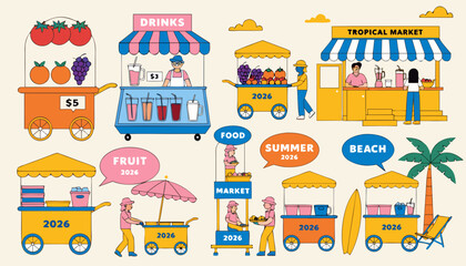Summer market street food stands collection with various fresh fruits and colorful juices. © Sorna Moni