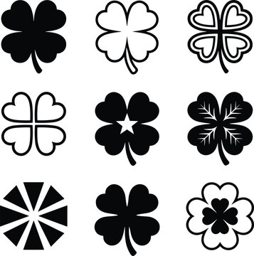 Four Leaf Clover Silhouette Icon Set with Saint Patricks Day Good Luck Symbols and Heart Shaped Shamrock Shapes for Festive Digital Graphic Designs
