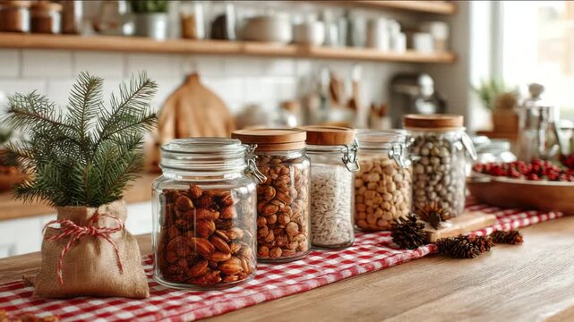 Cozy Christmas kitchen shelf with ceramic jars and holiday decorations jars and containers with prepped Christmas dishes ready to be heated organized kitchen counter festive decorations
