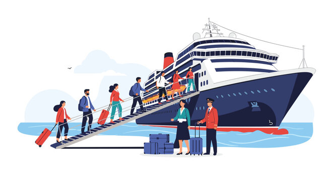 Diverse group of passengers carrying luggage walks up a ramp to board a large luxury cruise ship at a sunny port by the ocean.