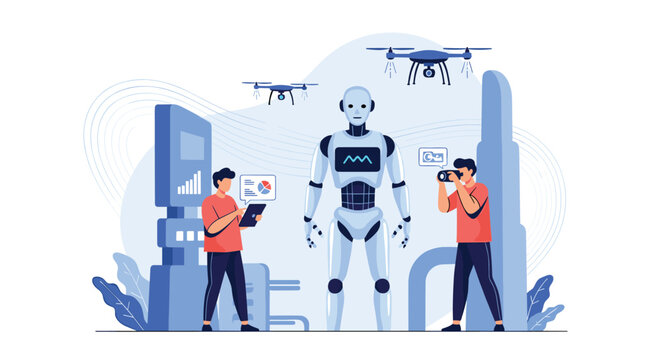 Large humanoid robot stands at a technology fair surrounded by technicians using drones, tablets, and cameras for data collection.