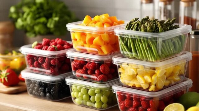 Fresh fruits and vegetables neatly stored in plastic containers on kitchen counter healthy food storage and meal prep
