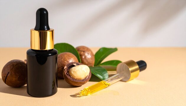 macadamia oil bottle nuts leaves natural skincare product composition