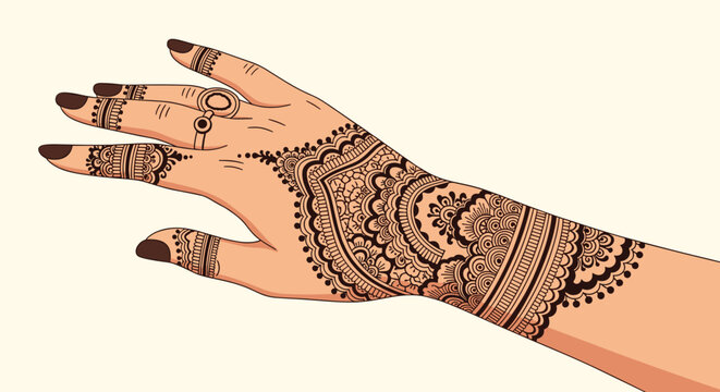 Detailed henna mehndi design covers a woman's hand and wrist featuring intricate patterns, floral motifs, and decorative rings.