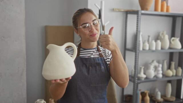Young woman wearing apron and eyeglasses holding ceramic pitcher and giving thumbs up in a pottery studio; creative pride.