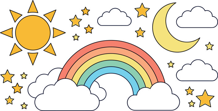 Cute celestial weather vector collection featuring bright sun colorful rainbow fluffy white clouds crescent moon and shining stars for kids nursery designs