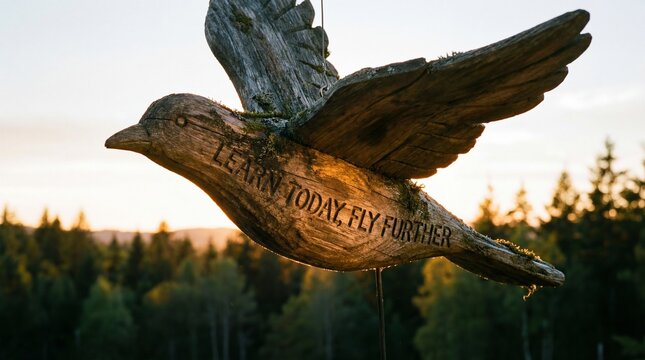 A bird sculpture flies over a forest at sunset with engraved text on its body.