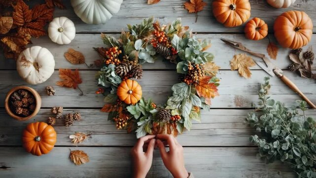 Autumn wreath making with pumpkins pinecones and leaves on rustic wood table Partially completed autumn wreath with hands assembling faux leaves and small pumpkins on rustic table