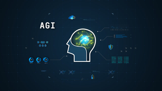 Futuristic AGI digital brain and automation concept with HUD data interface, vector illustration.
