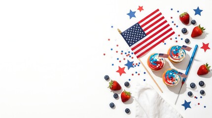 Obraz premium Patriotic 4th of July Celebration Flat Lay with American Flag, Cupcakes, Strawberries, Blueberries and Star Confetti on White Background
