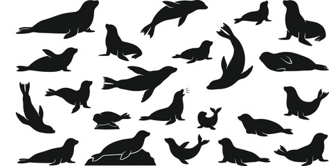 Seal and Sea Lion Black Silhouette Icon Set Vector Illustration Featuring Marine Mammals in Various Poses for Aquatic Wildlife and Ocean Conservation Designs © Remi