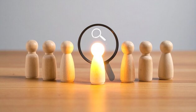 Wooden figurines with glowing standout under magnifying glass icon