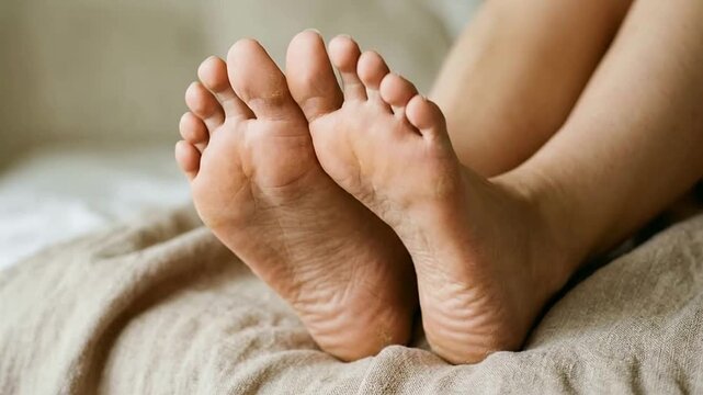 Close-up of Bare Feet Relaxing on Bed in Comfort