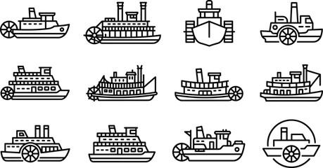 Obraz premium Steampunk vehicle icons collection for vintage transport concepts with detailed line art