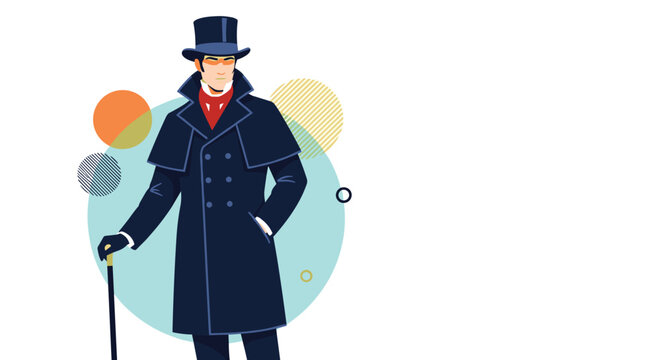 Man dressed in a classic Victorian style coat and top hat holding a cane against a background of colorful abstract circles.