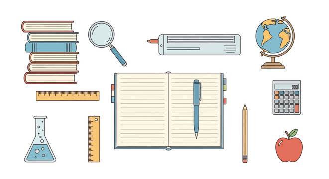 Stack of books, magnifying glass, and science flask on transparent background